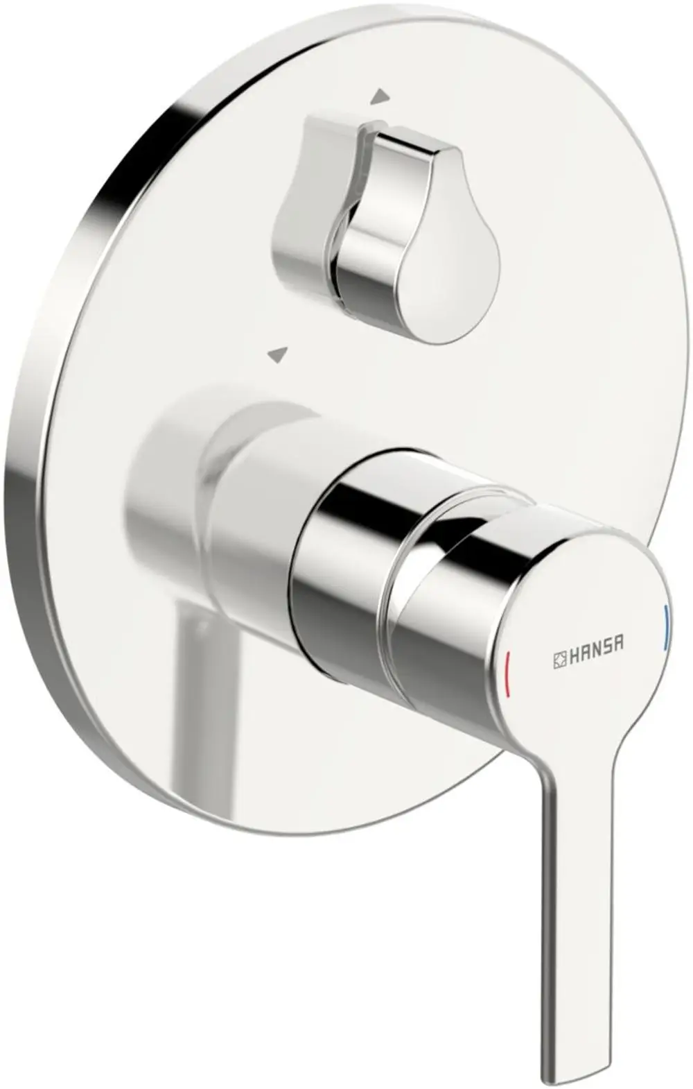 Einhebelmischer mit runder Rosette in Chrom, ausgestattet mit einer Sicherungseinrichtung. Produkt von HANSA für die Montage an Wanne oder Brause.